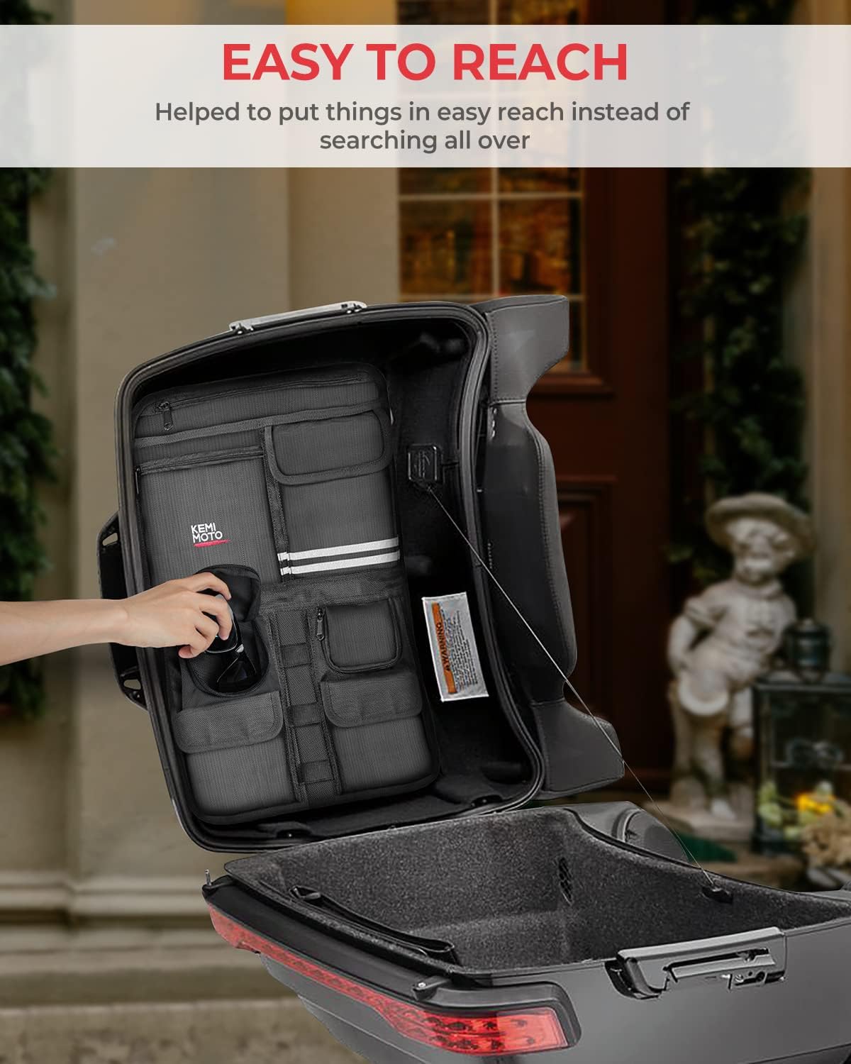 KEMIMOTO organizer installed in a Tour-Pak demonstrating tidy organization