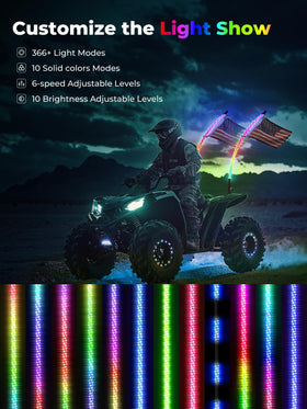 KEMIMOTO whips mounted on side-by-side at night enhancing trail visibility