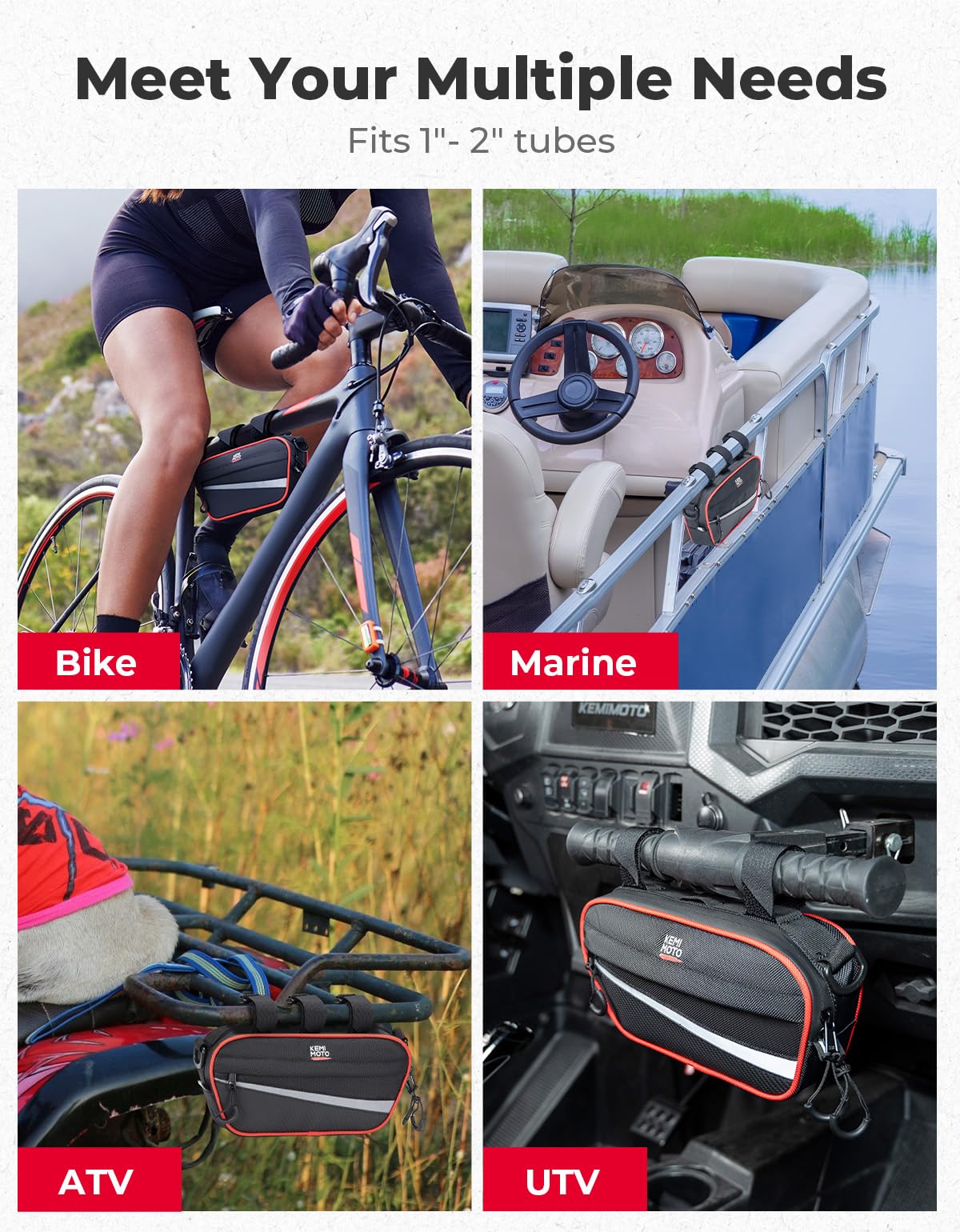KEMIMOTO bag installed on UTV roll bar, accessible storage while riding