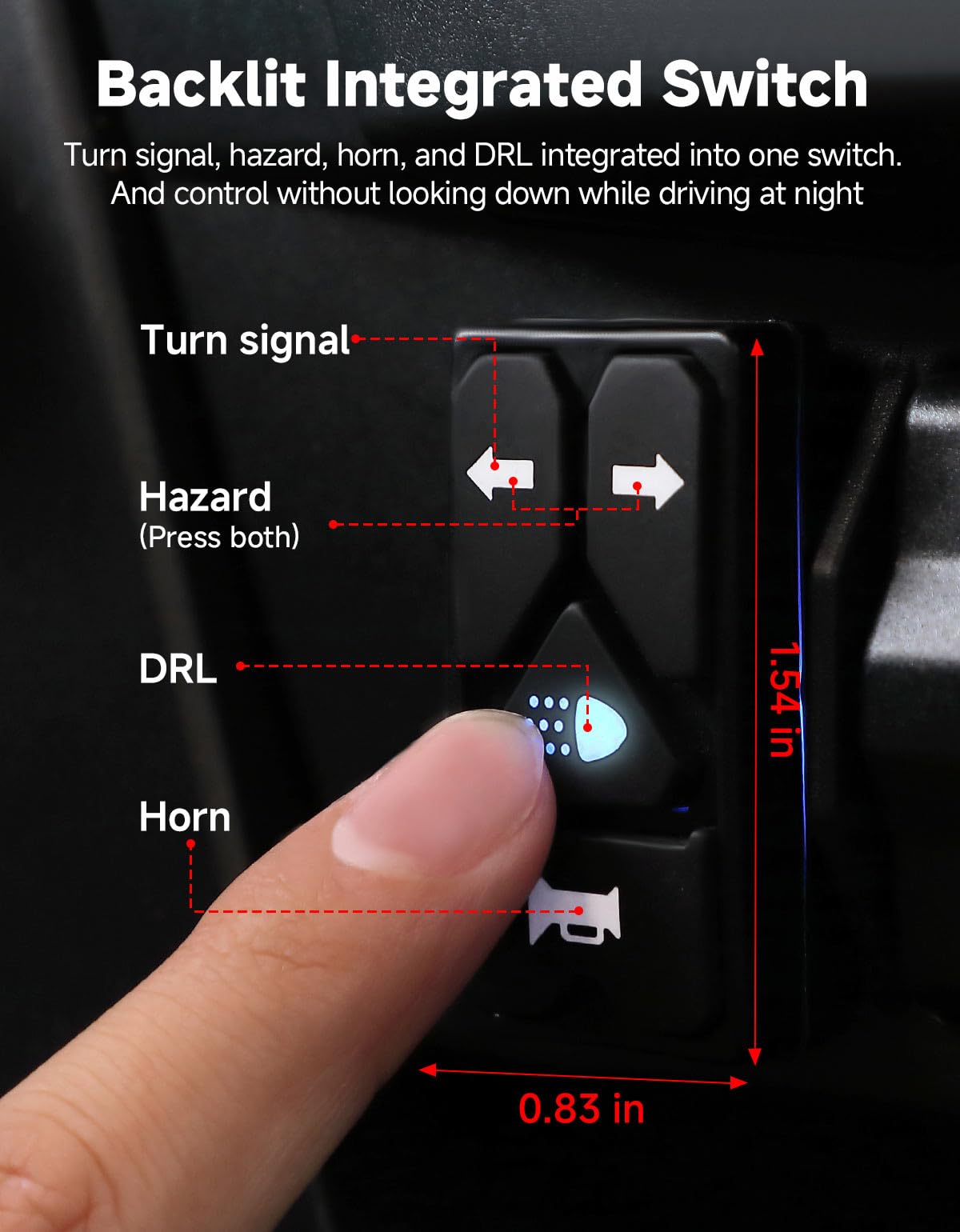 KEMIMOTO integrated switch closeup with backlit controls for easier night operation