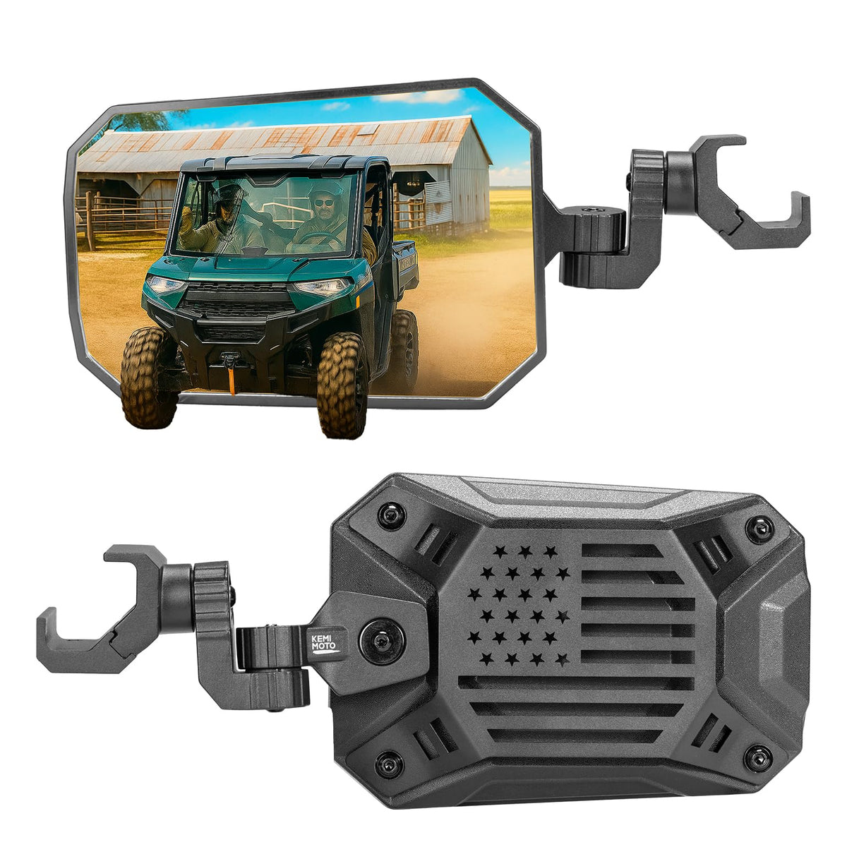 KEMIMOTO mirror on UTV in trail setting offering clearer road awareness