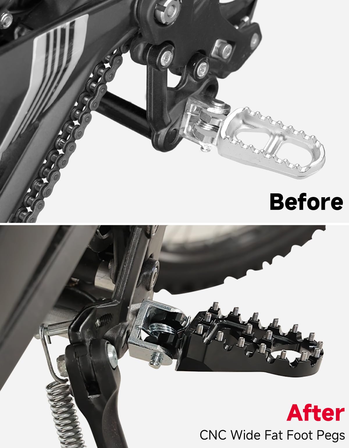 KEMIMOTO foot peg mounted on bike in trail setting showing durable riding benefit