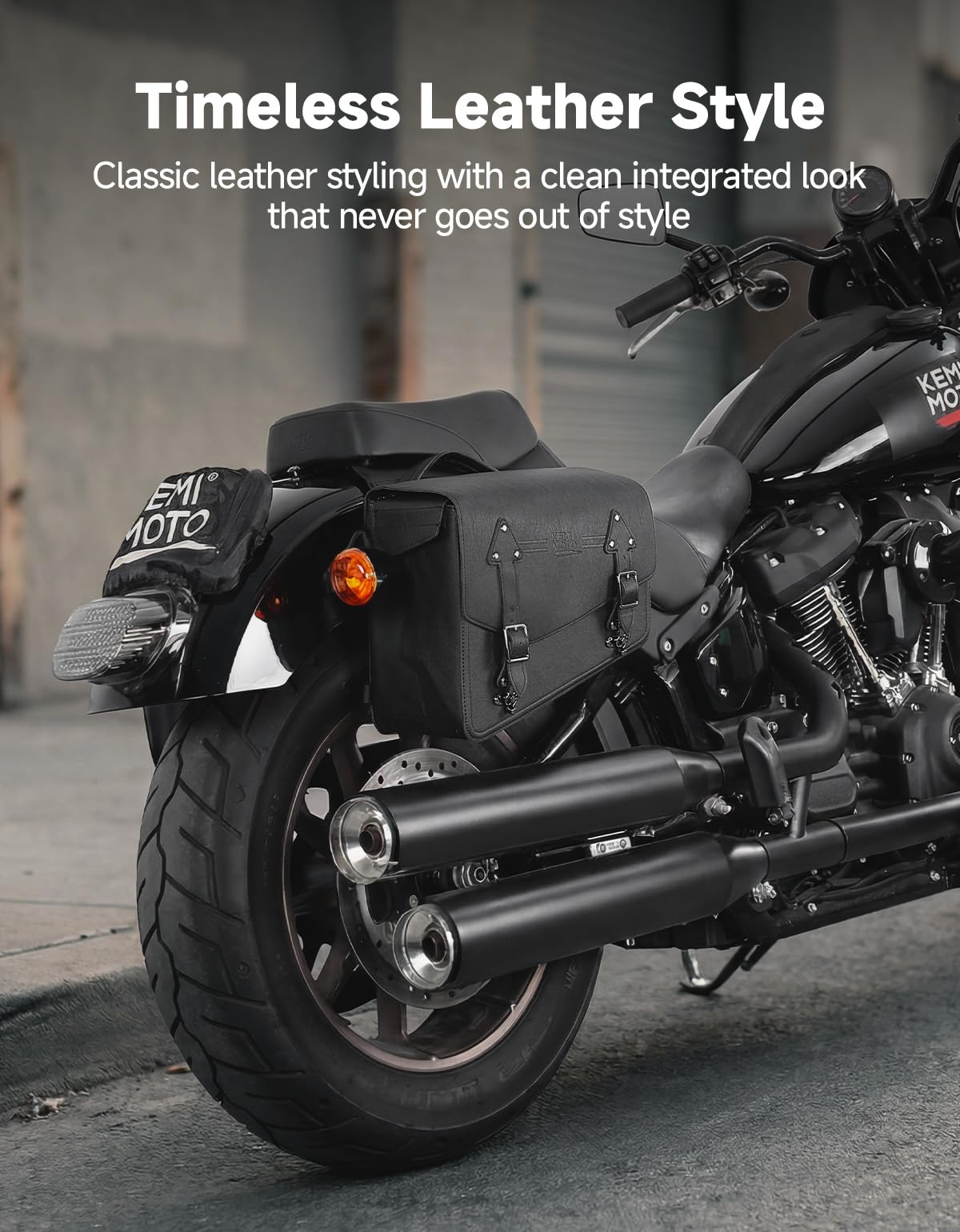 KEMIMOTO lifestyle shot with packed saddlebags demonstrating travel readiness