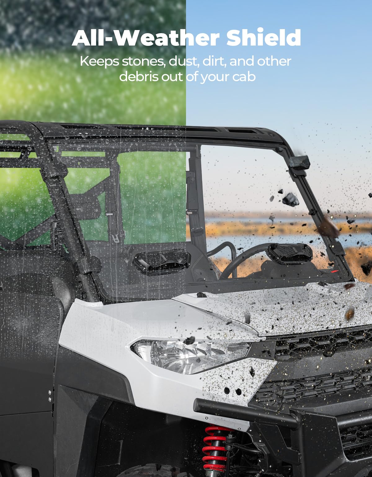 KEMIMOTO windshield on Ranger in trail scene improving cabin comfort