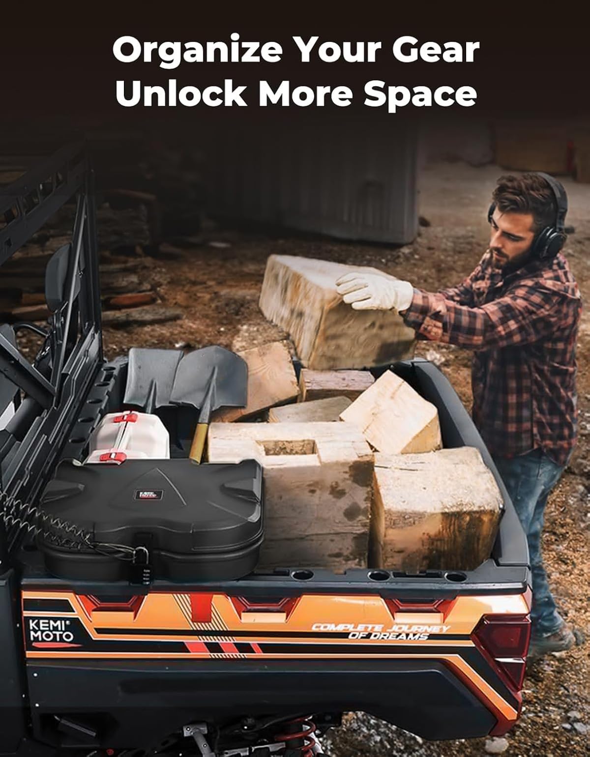 KEMIMOTO lifestyle shot with UTV on trail showing practical on-vehicle storage
