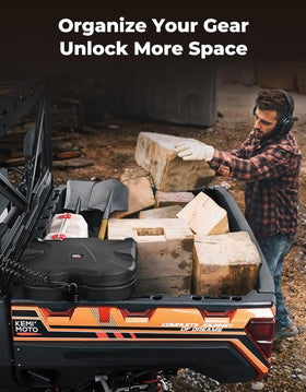 KEMIMOTO lifestyle shot with UTV on trail showing practical on-vehicle storage