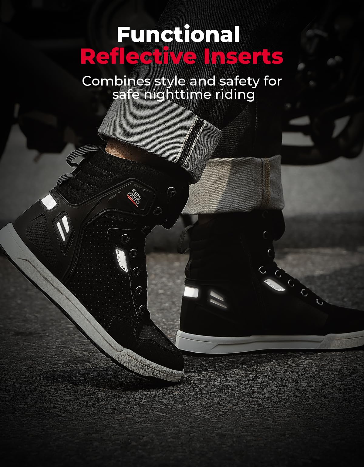 KEMIMOTO shoes worn on motorcycle in urban setting showing practical use benefit