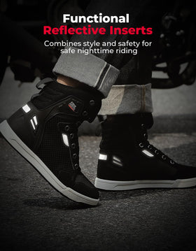 KEMIMOTO shoes worn on motorcycle in urban setting showing practical use benefit