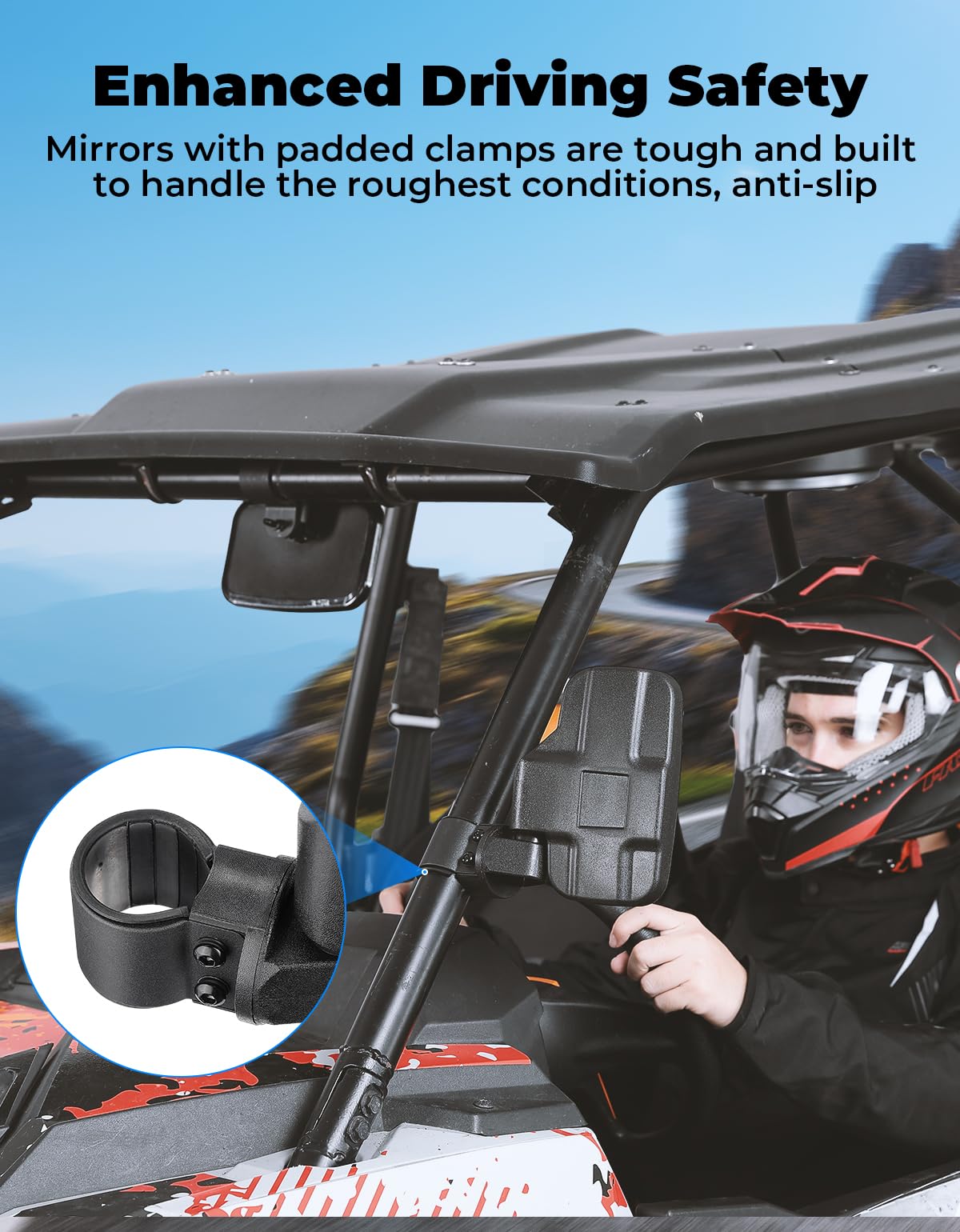 KEMIMOTO mirror folded outward to demonstrate breakaway protection benefit