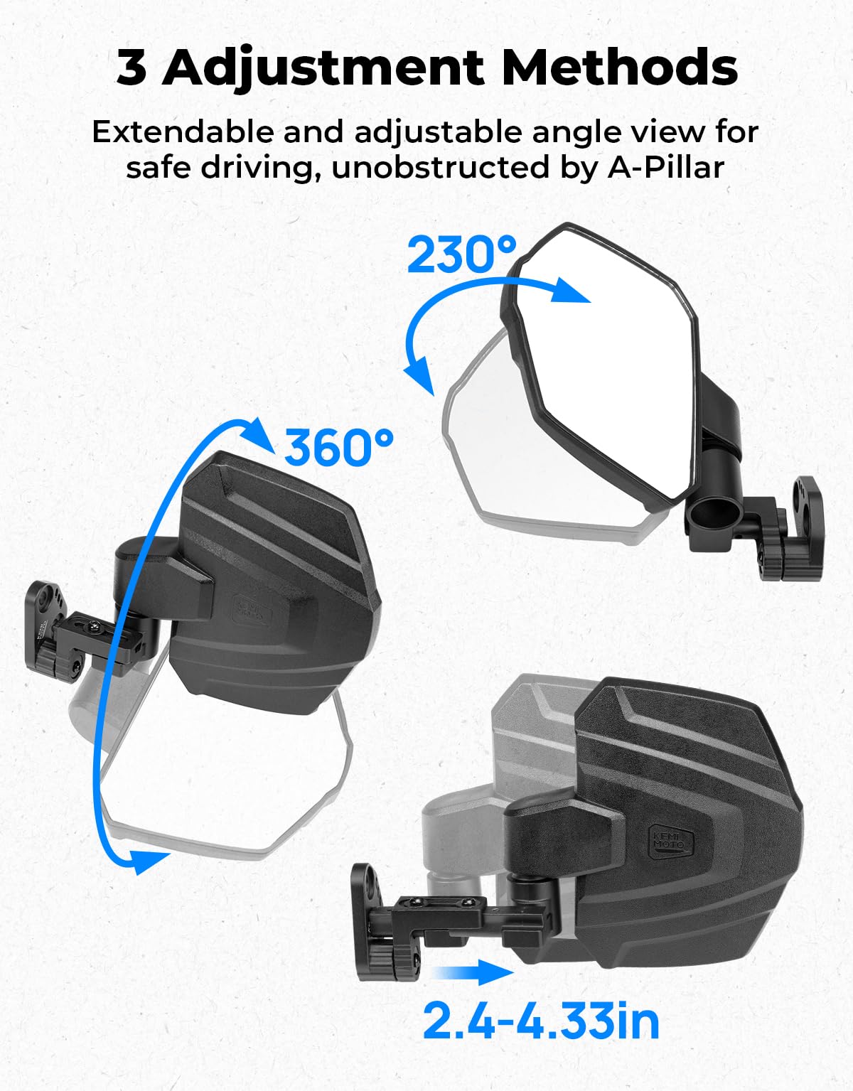KEMIMOTO foldable break-away mirror pivoting inward to prevent damage