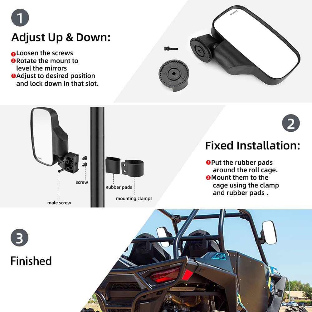 KEMIMOTO mirror set mounted on a UTV roll bar demonstrating sturdy fit benefit