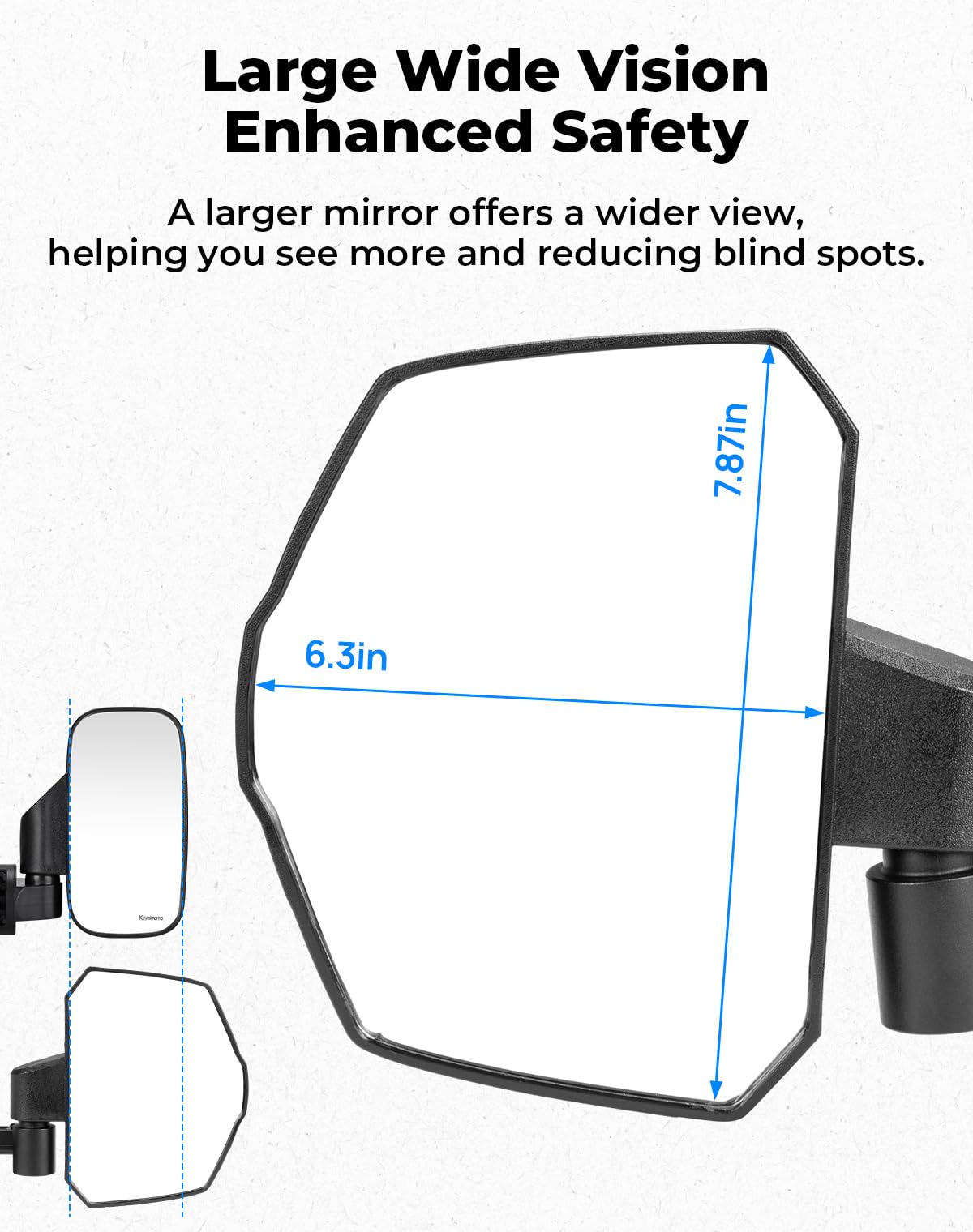 KEMIMOTO mirror next to ruler showing larger surface for better coverage