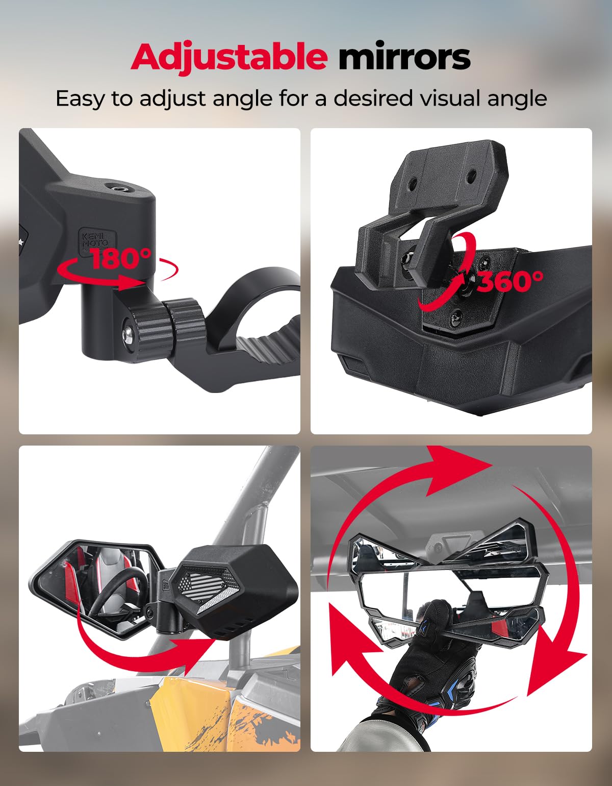 KEMIMOTO mirrors installed on a Polaris RZR showing improved trail visibility