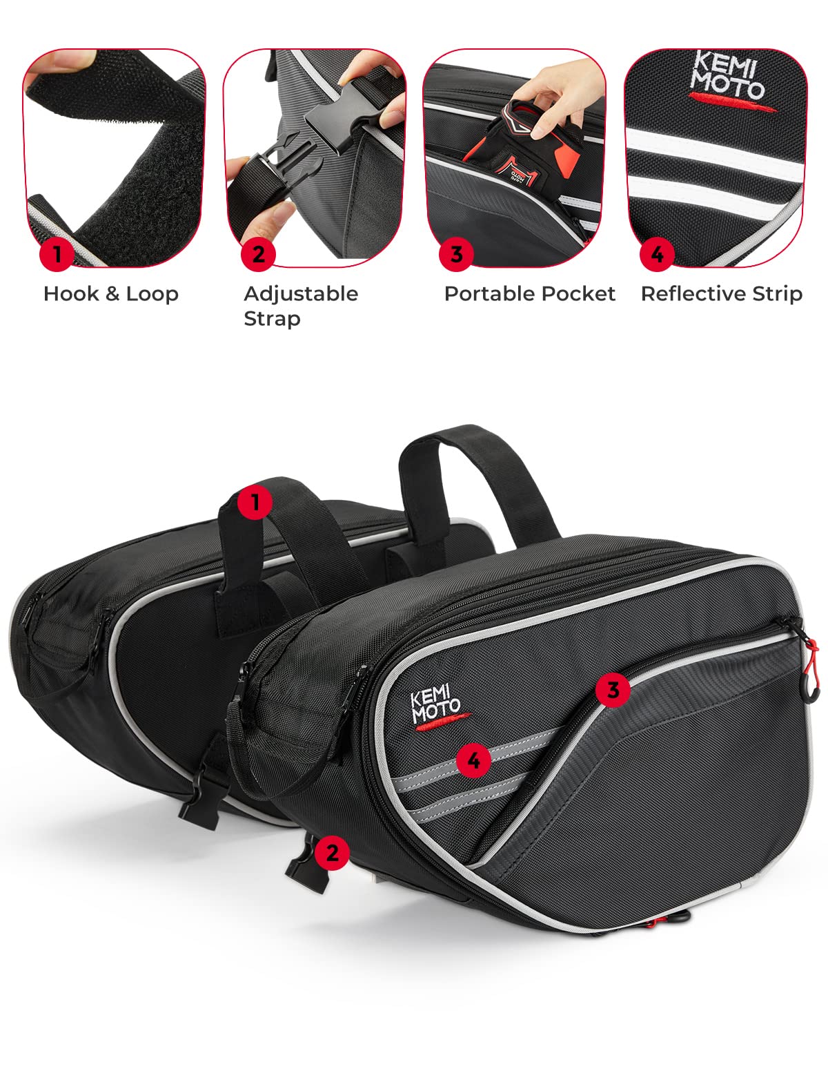 KEMIMOTO saddlebags mounted on a mini bike showing secure fit and straps