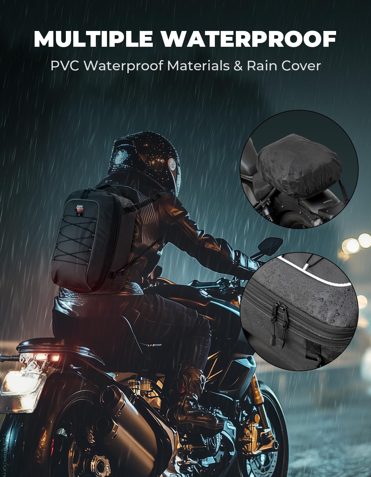 KEMIMOTO mounted on motorcycle rear showing secure straps benefit: stable ride