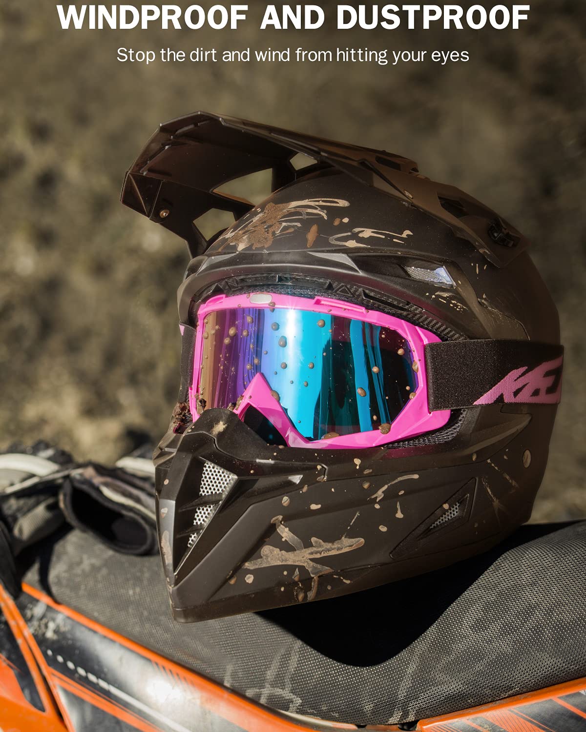 KEMIMOTO goggles on helmet during ride, secure fit benefit