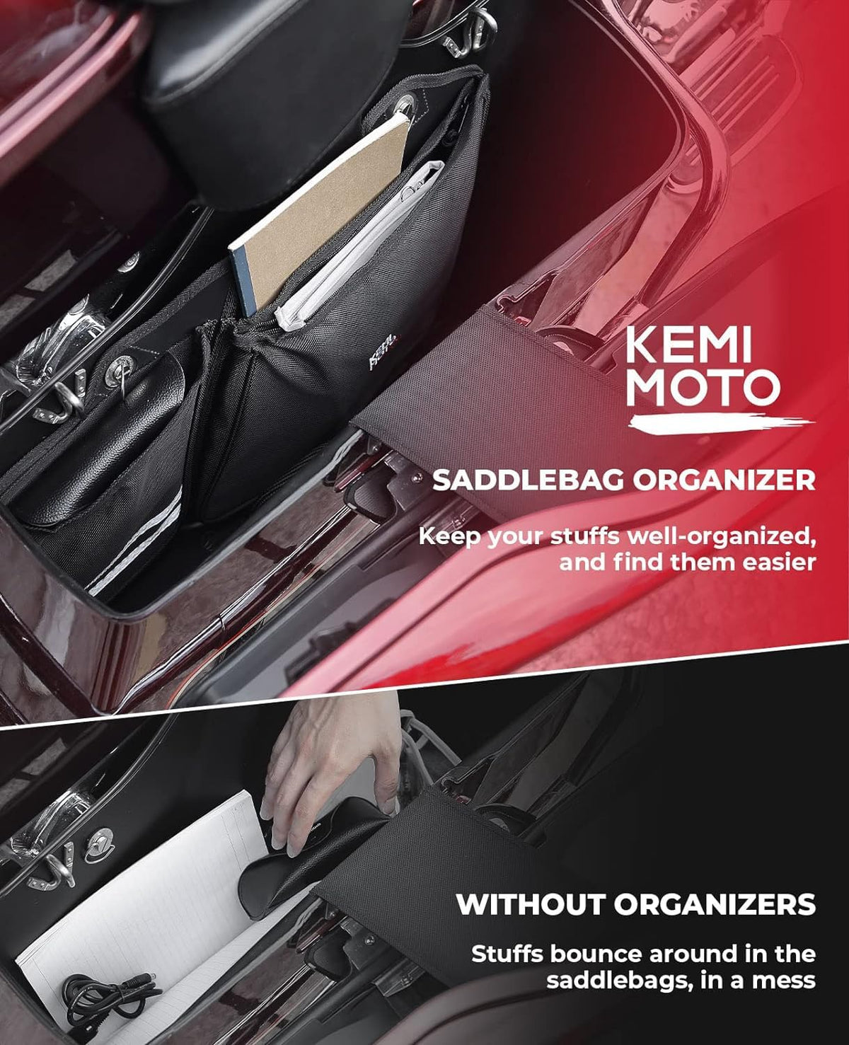 KEMIMOTO organizers holding phone wallet gloves showing quick-access benefit