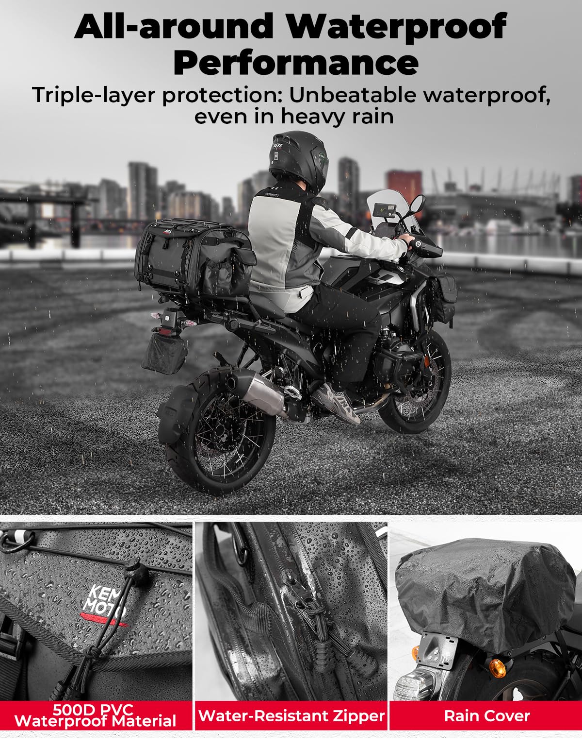 KEMIMOTO rain cover installed protecting contents from heavy moisture