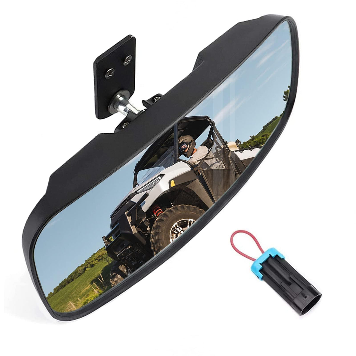 KEMIMOTO front view mirror showing wide reflective surface and durable housing benefit
