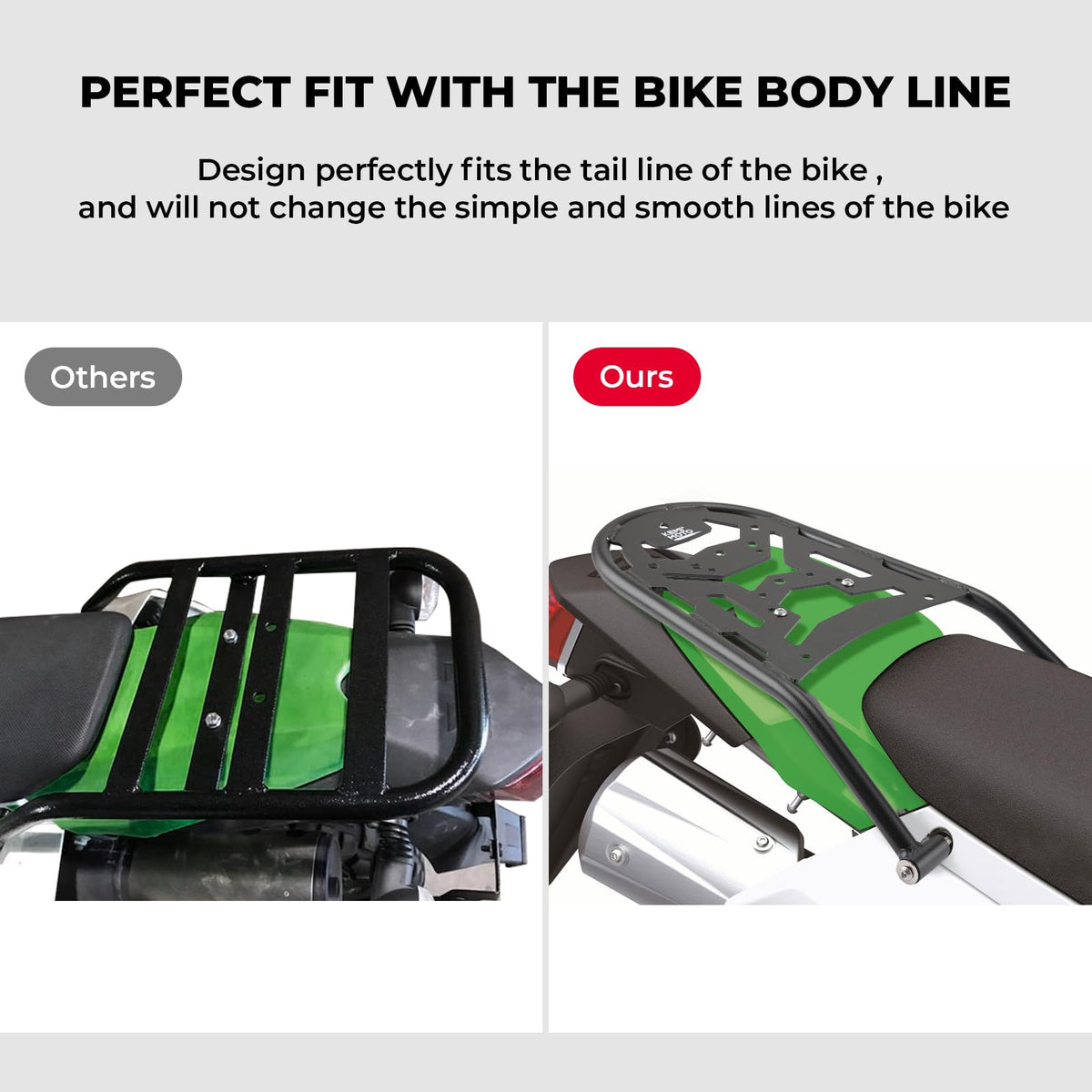 KEMIMOTO rear rack side profile installed on KLX demonstrating streamlined match