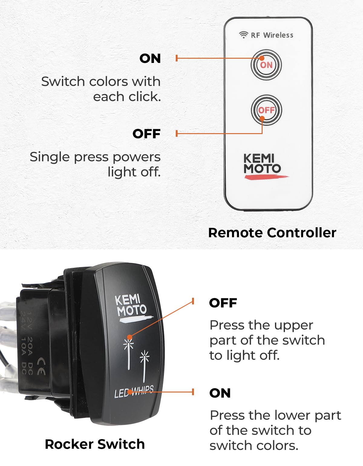 KEMIMOTO remote, rocker switch and harness displayed for easy onboard control