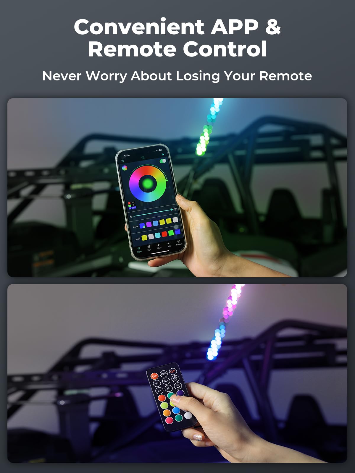 KEMIMOTO RF remote beside phone app screen demonstrating easy customization