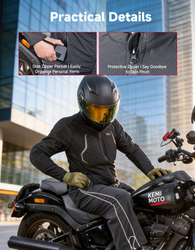 KEMIMOTO rider wearing the shirt in traffic for visibility and breathability