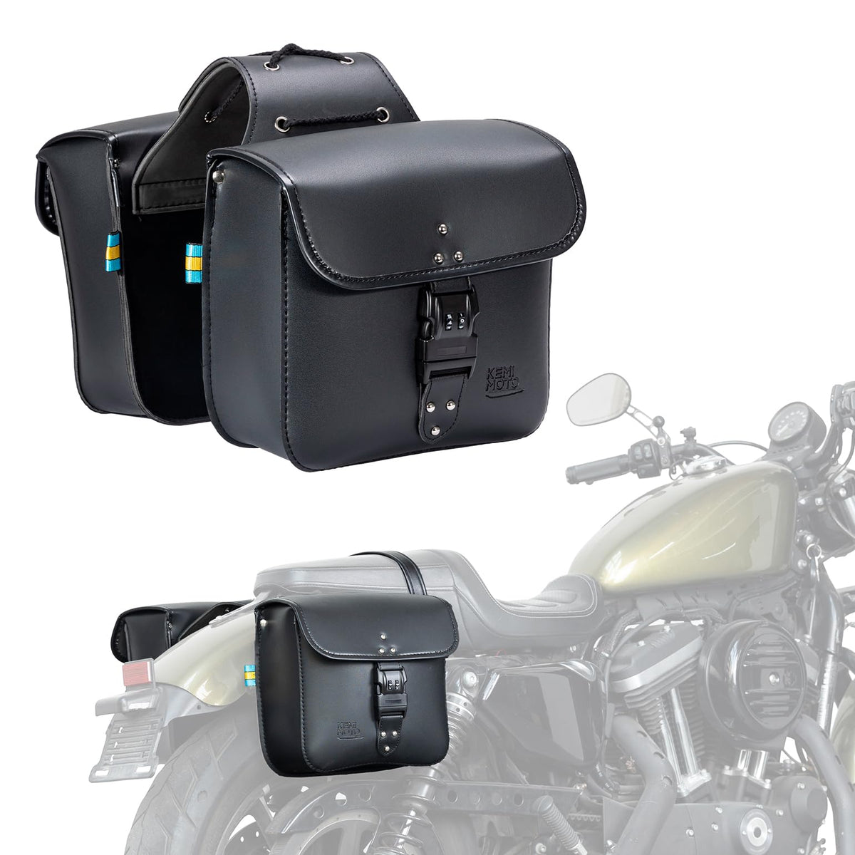 KEMIMOTO saddlebags front view showing polished PU leather and styling benefits