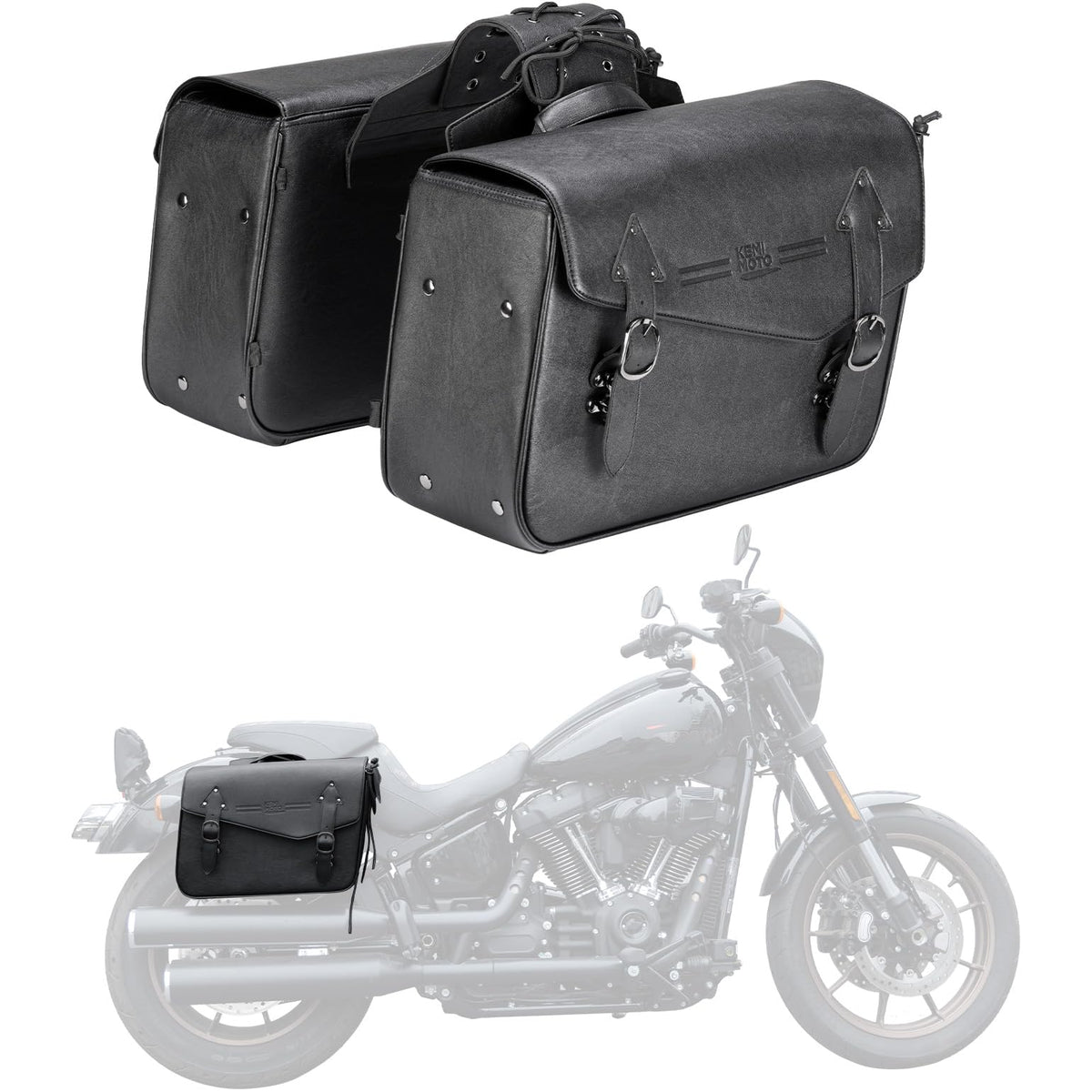 KEMIMOTO front view of saddlebags showing classic styling and neat profile