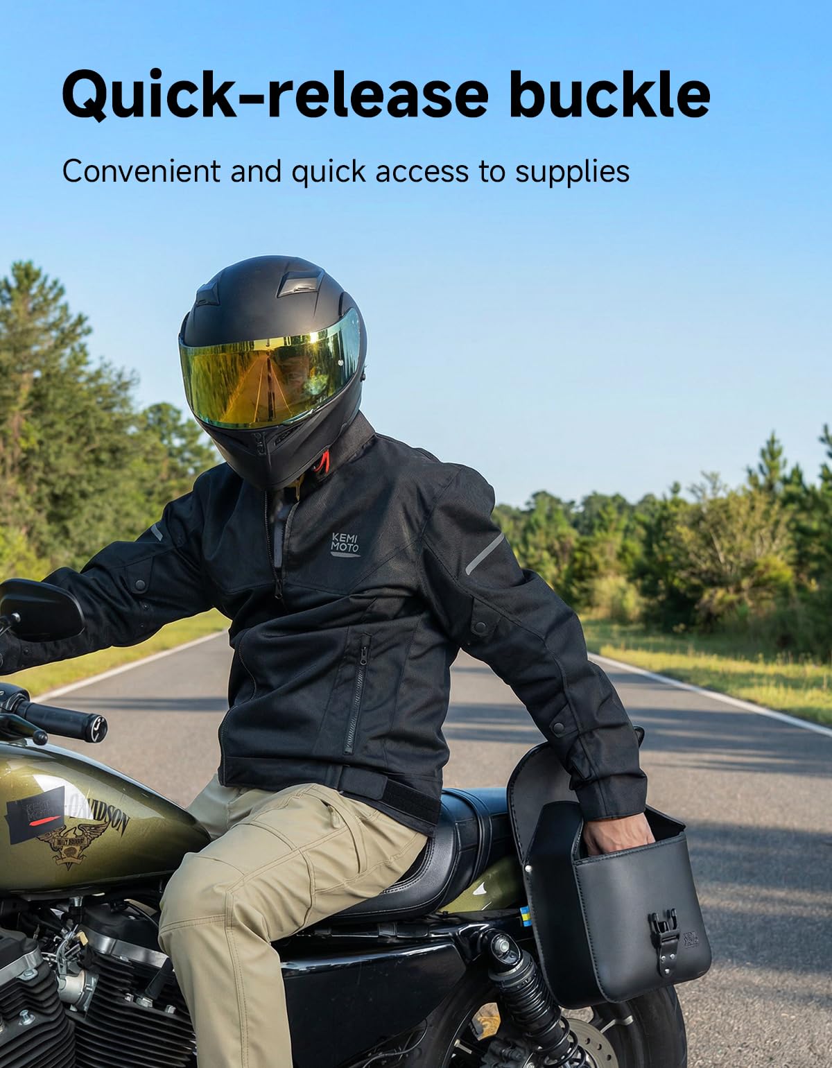 KEMIMOTO saddlebags mounted on motorcycle demonstrating clean fit and compatibility