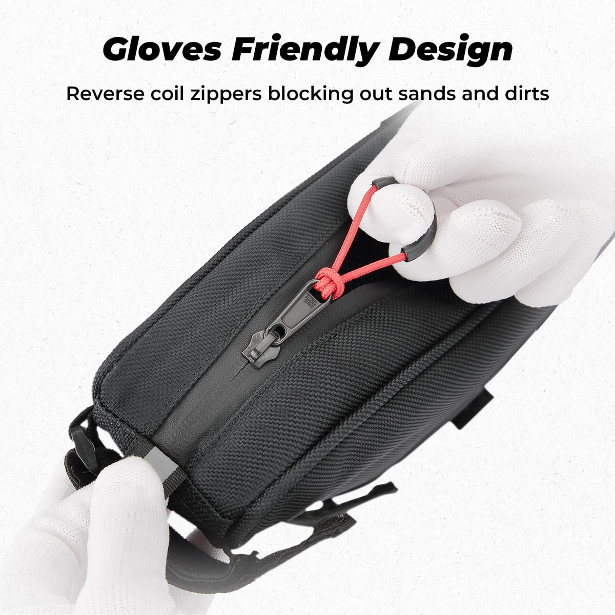 KEMIMOTO zipper detail highlighting SBS water-resistant zipper for protection