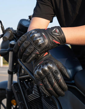 KEMIMOTO gloves beside a helmet for scale showing glove size and coverage benefit