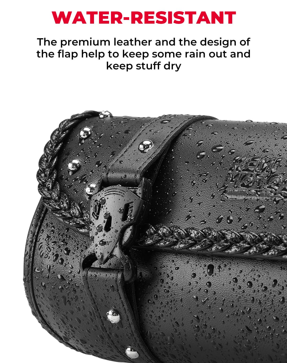 KEMIMOTO side flap detail displaying secure closure and water protection benefit