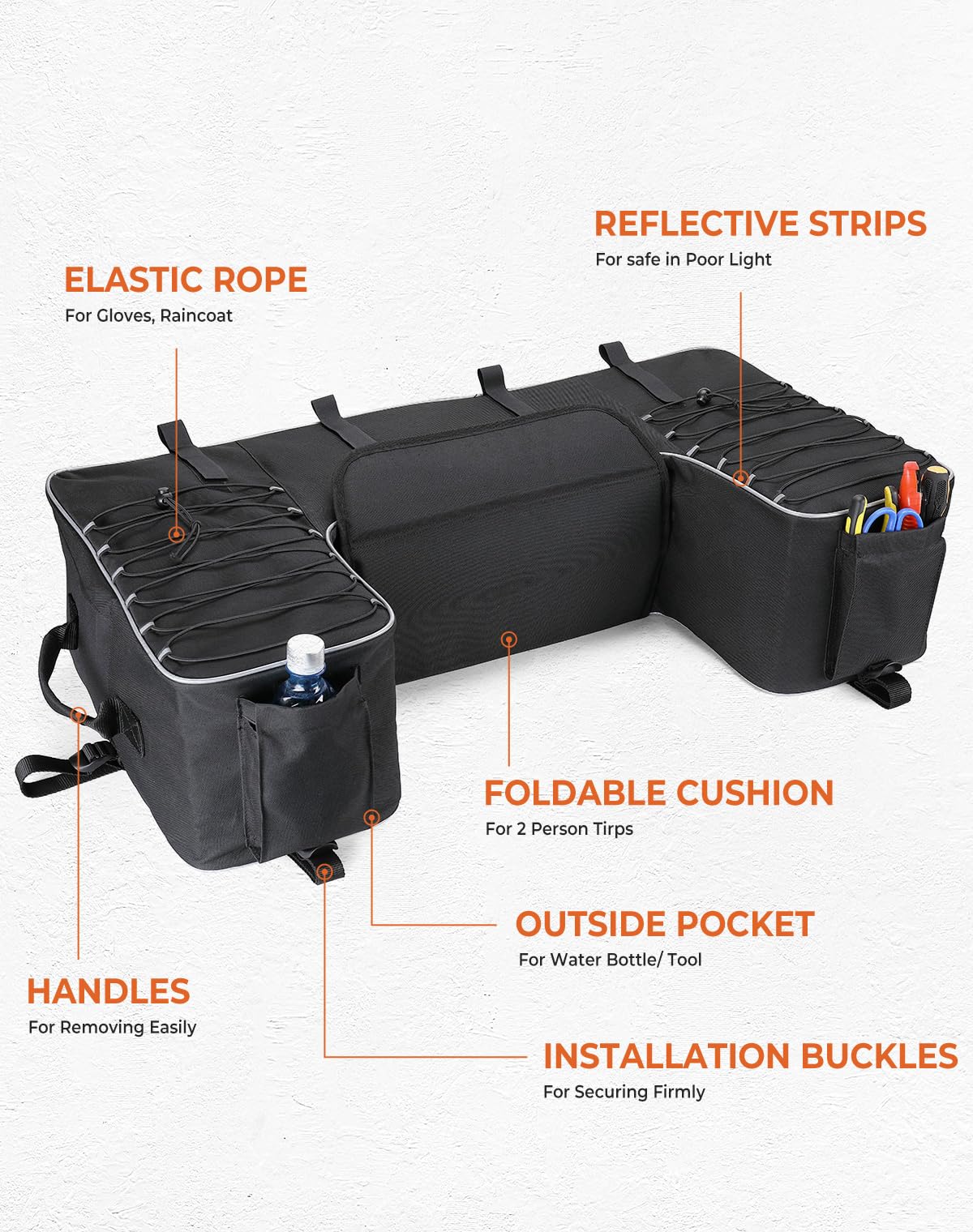 KEMIMOTO side pocket holding a bottle for quick-access storage on rides