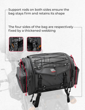 KEMIMOTO beside helmet and jacket showing expandable capacity and organization