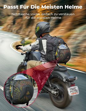KEMIMOTO next to full-face helmet showing 35L capacity and scale