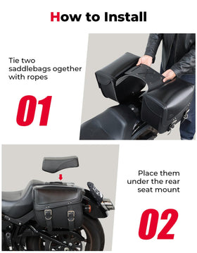 KEMIMOTO saddlebag beside helmet illustrating real-world size and capacity