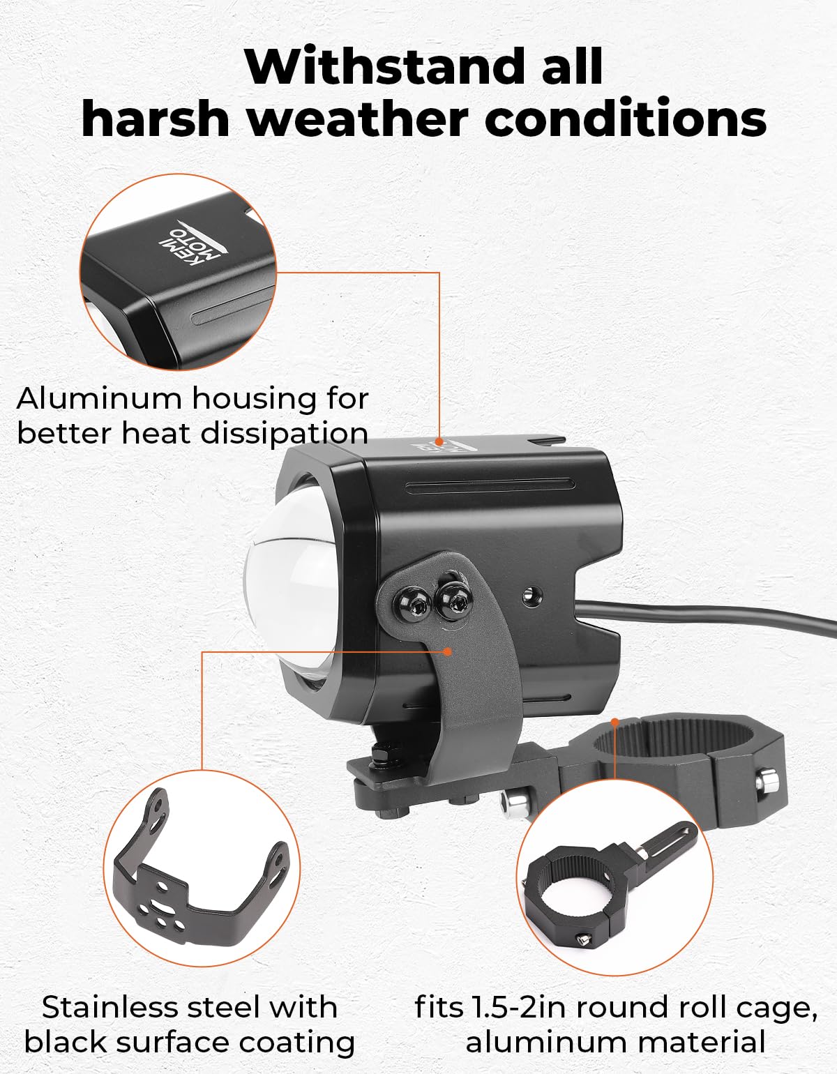 KEMIMOTO stainless U-bracket and aluminum housing showing durable weather resistance
