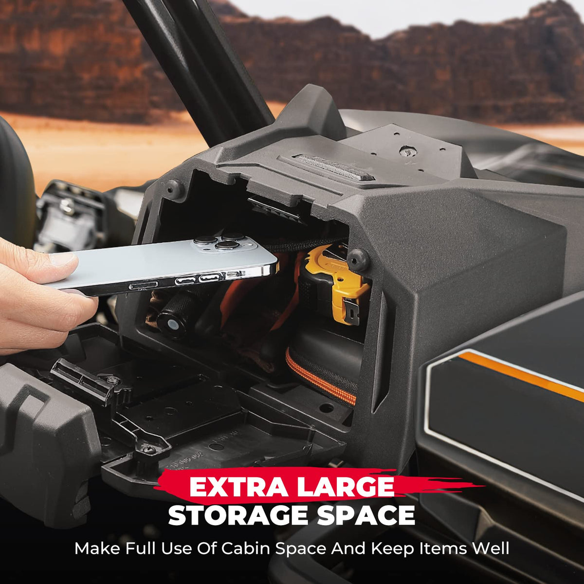 KEMIMOTO storage compartment open with gear illustrating organized storage