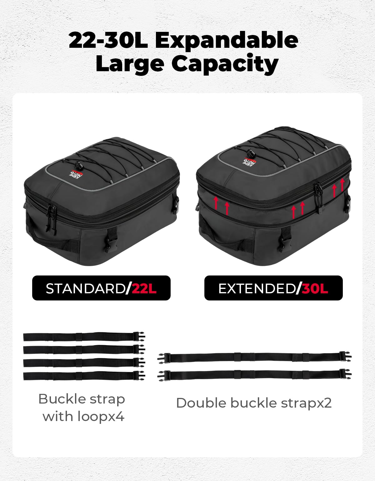 KEMIMOTO tail bag expanded capacity showing helmet fit benefit: extra storage
