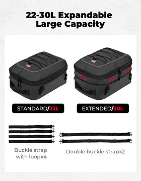 KEMIMOTO tail bag expanded capacity showing helmet fit benefit: extra storage