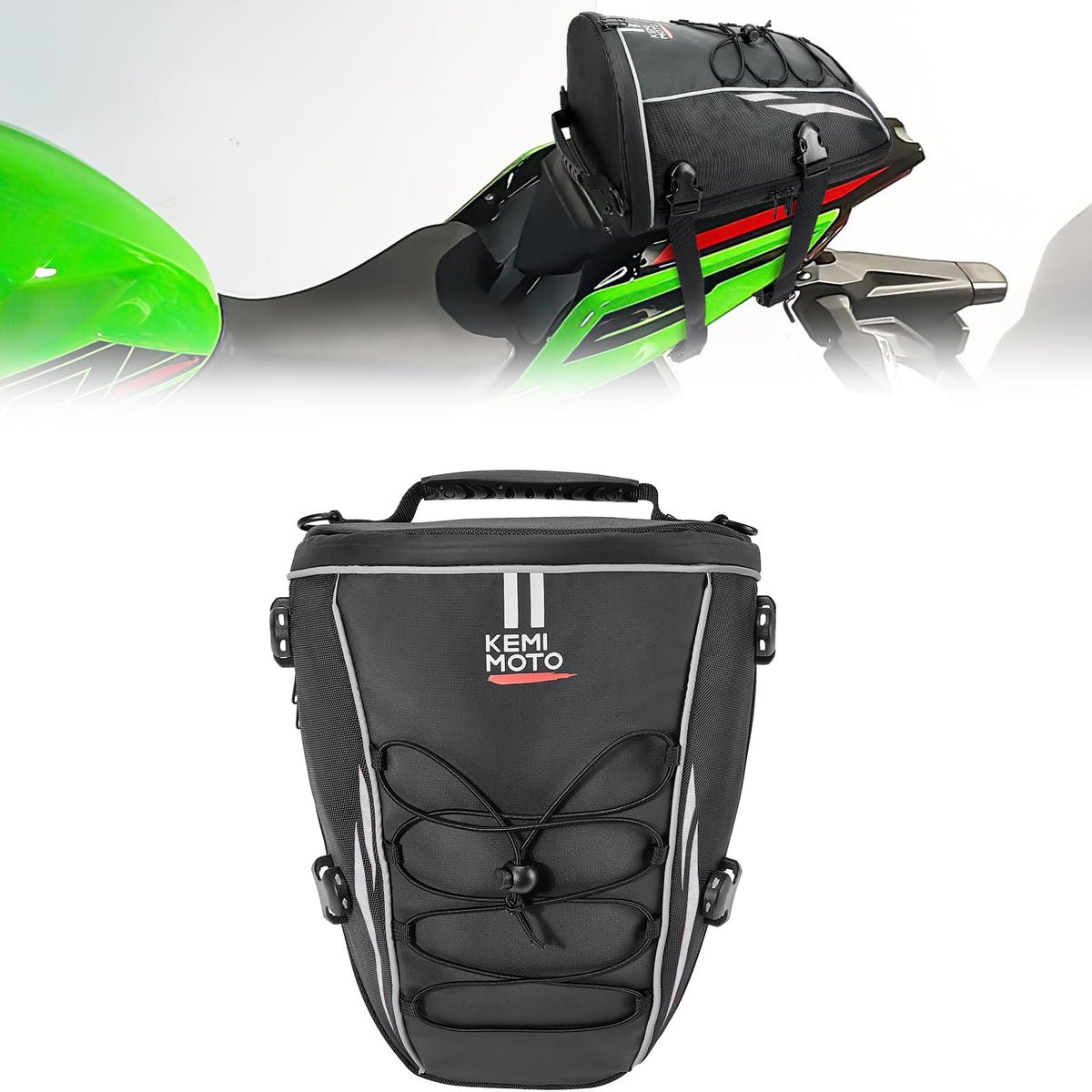 KEMIMOTO tail bag front view showing compact storage and easy access