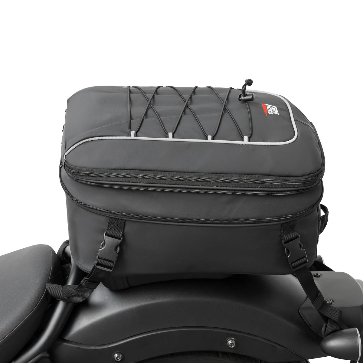 KEMIMOTO tail bag front view showing compact shape and zipper benefit: easy access
