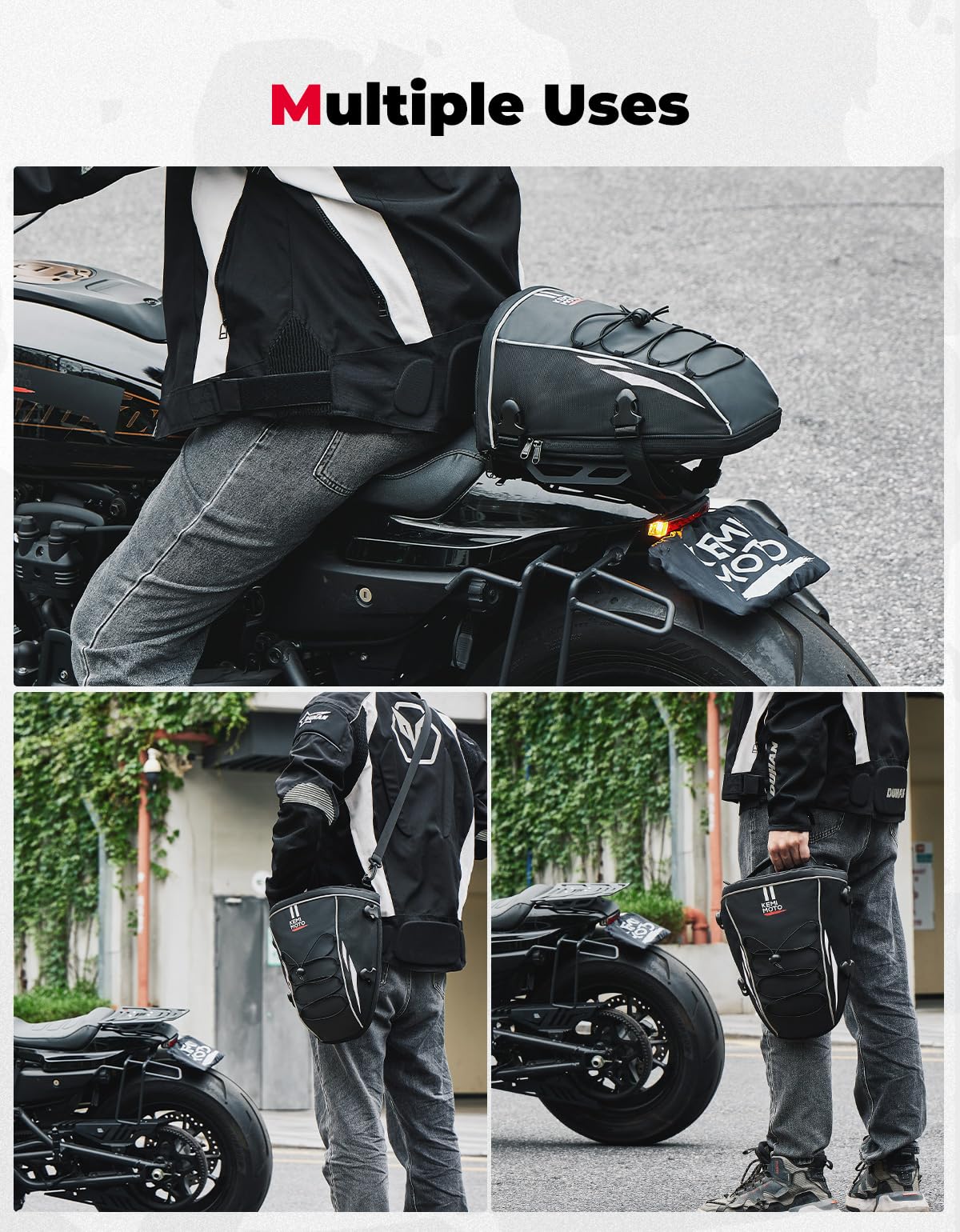 KEMIMOTO bag worn with shoulder strap for convenient off-bike carry