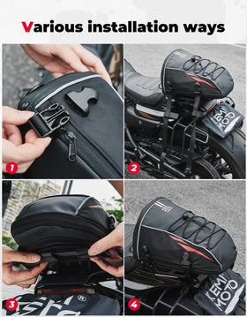 KEMIMOTO tail bag worn with adjustable shoulder strap for comfortable off-bike carry