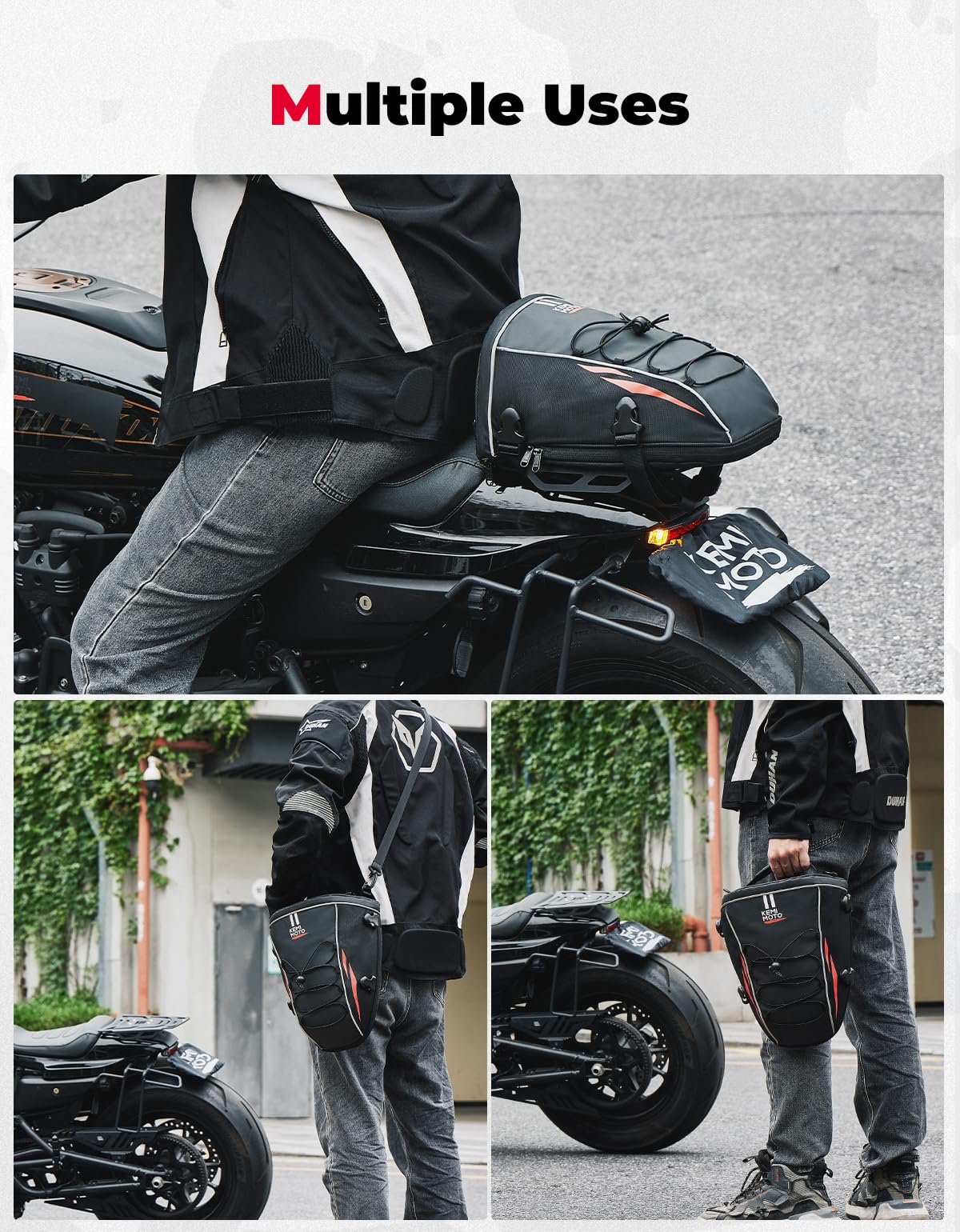 KEMIMOTO tail bag next to a helmet illustrating 10L capacity and scale