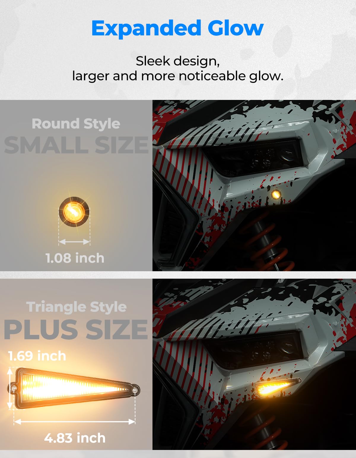 KEMIMOTO close-up of amber triangle lens showing durable optics and visibility