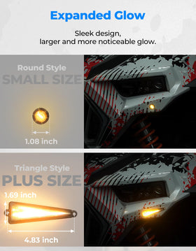 KEMIMOTO close-up of amber triangle lens showing durable optics and visibility
