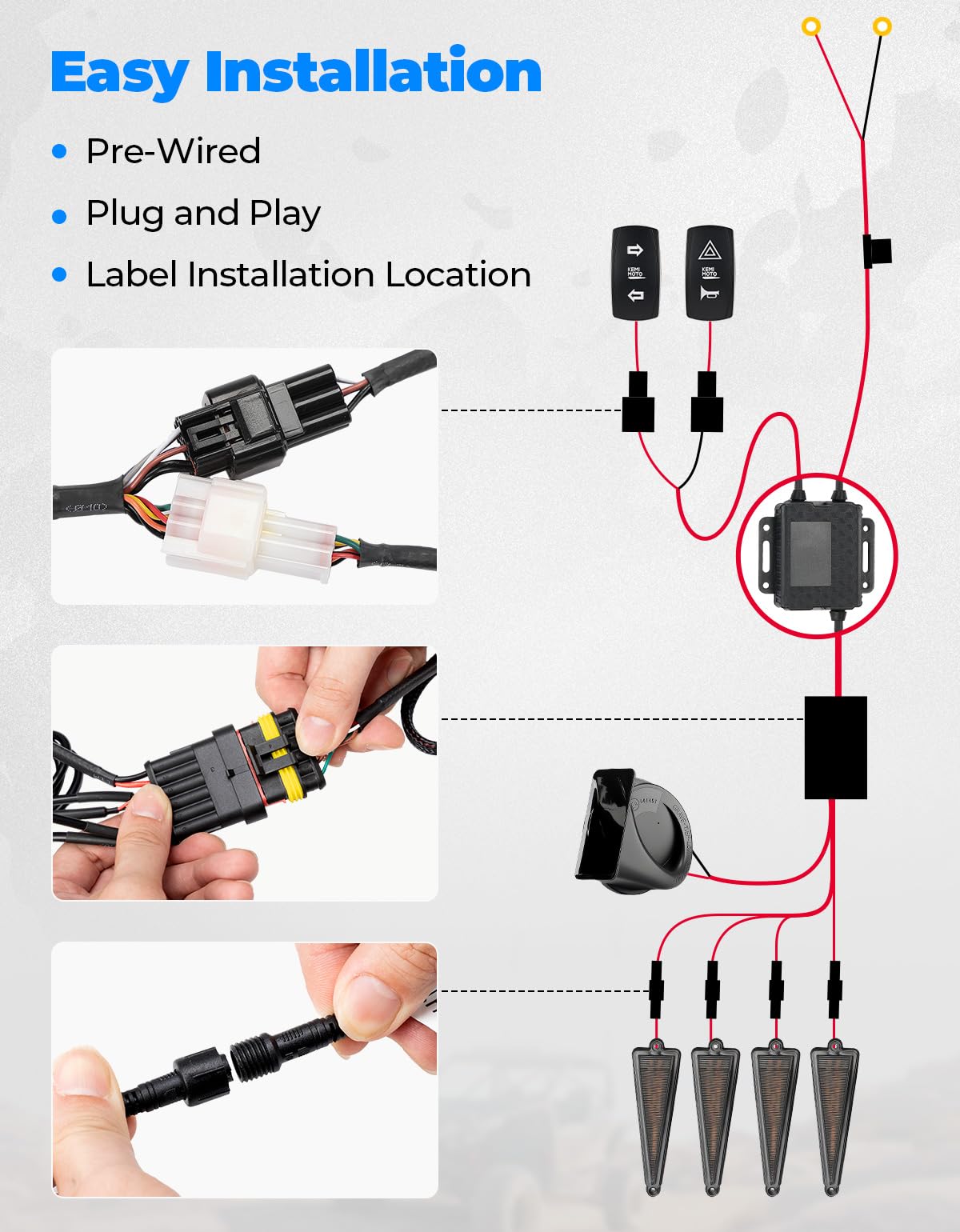 KEMIMOTO pre-wired harness and relay detail for quick plug-and-play installation