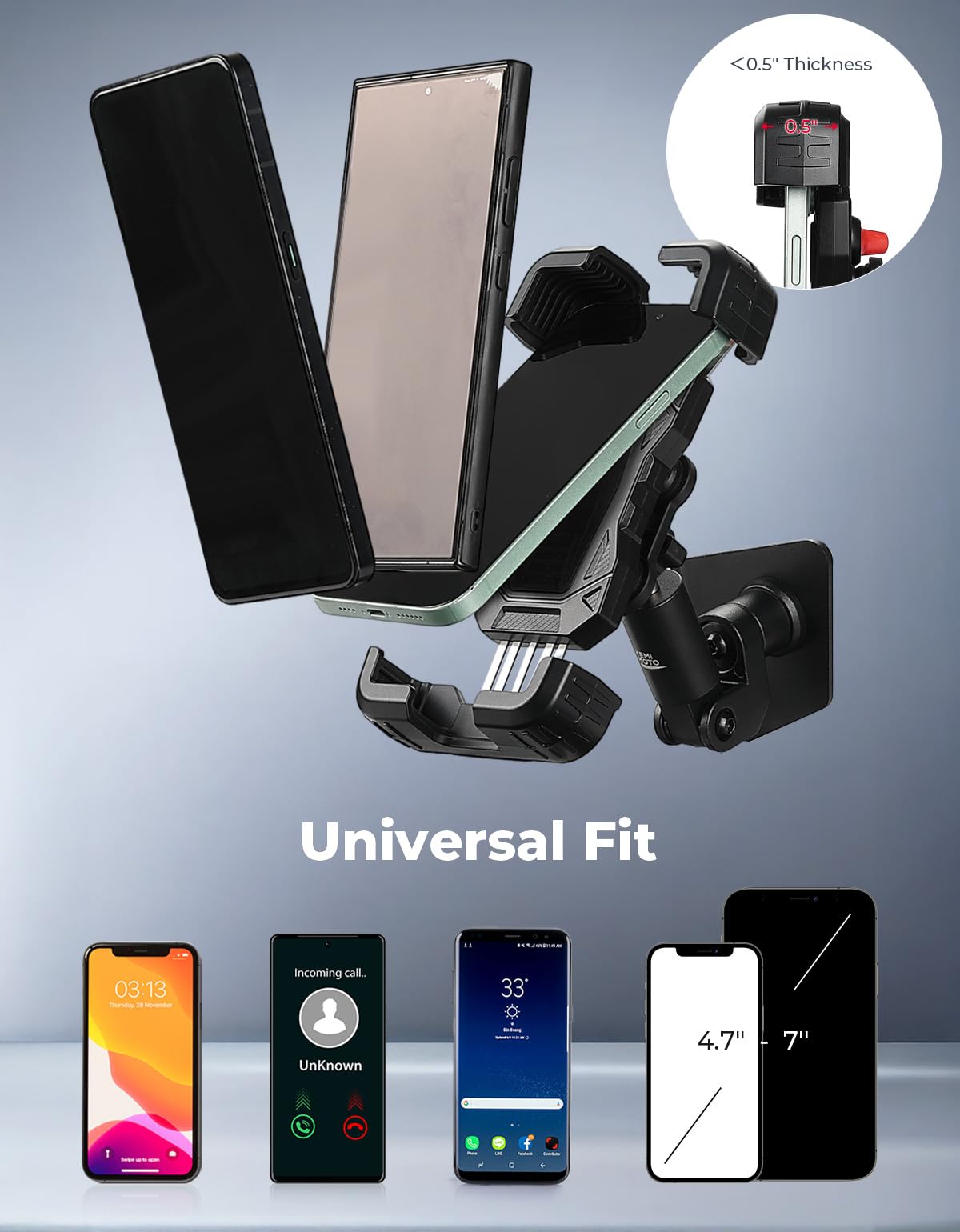 KEMIMOTO X3 next to smartphone showing fit for 4.7 to 7 inch devices